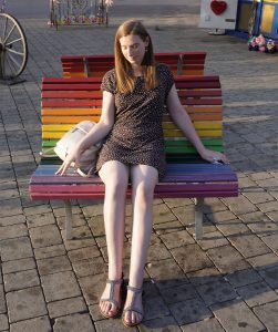 Rainbow bench with TS Kate Quinn resting