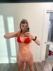 Busty blonde big dick ts Indica Blue bikini mirror selfie