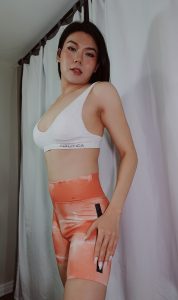 Asian Ladyboy Emily Bunie ready to workout at the gym